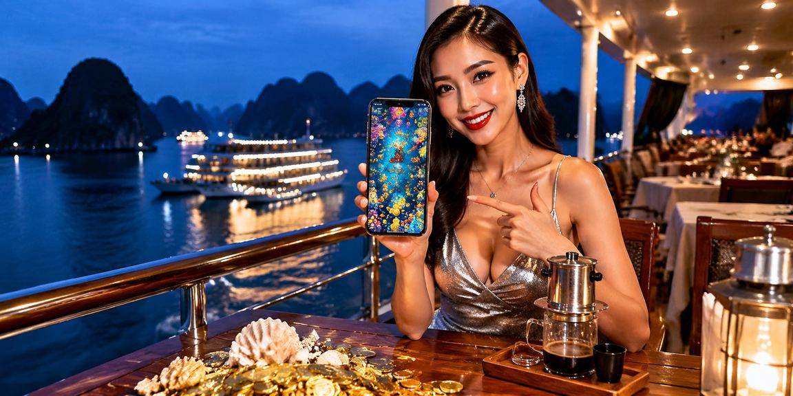 Người dùng tại vịnh Hạ Long xem lịch sự kiện thể thao trên điện thoại bên bờ biển